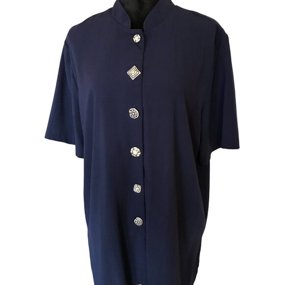 Two Twenty Vintage Rayon Blend Tunic: Dark Blue Blazer, Unique Buttons, Size 18 - Picture 1 of 9